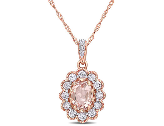 1.30 Carat (ctw) Morganite and White Sapphire Pendant Necklace in 10K Rose Pink Gold with Chain