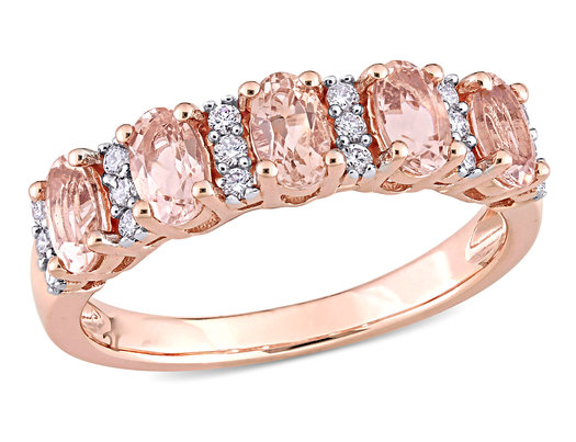 1.00 Carat (ctw) Morganite Band Ring in 14K Rose Pink Gold with Diamonds