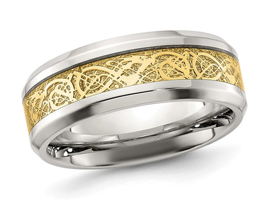 Men's Yellow Plated Stainless Steel Band Ring with Inlay Design (8.0,mm)