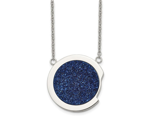 Blue Druzy Stainless Steel Circle Pendant Necklace with Chain (17.75 Inches)