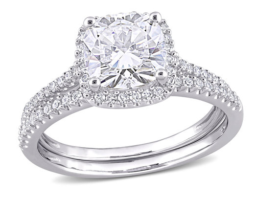 2.00 Carat (ctw) Lab-Created Cushion-Cut Moissanite Engagement Wedding Ring Set 14K White Gold with Diamonds