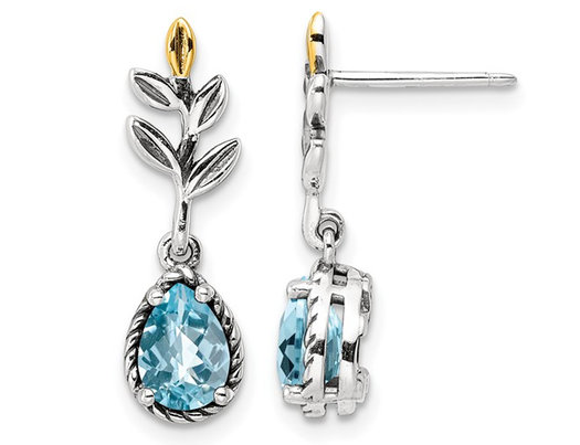 1.65 Carat (ctw) Swiss Blue Topaz Drop Earrings in Sterling Silver with Yellow Accents