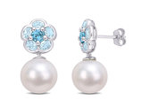 11-12mm Cultured Freshwater Pearl and London Blue Topaz Floral Earrings in Sterling Silver
