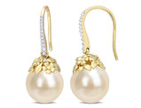 9-10mm South Sea Pearl Drop Earrings in 14K Yellow Gold with Diamonds