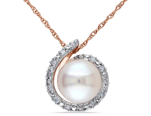 8-8.5mm White Freshwater Pearl Swirl Pendant Necklace in 14K Rose Pink Gold with Chain