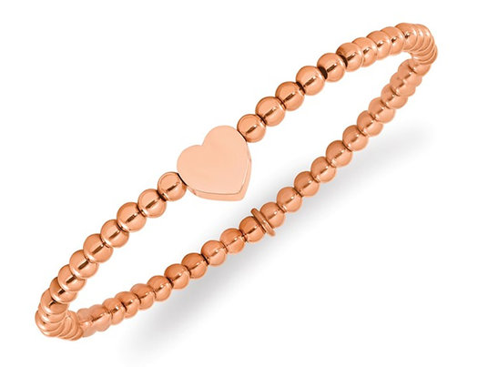 Heart Charm Rose Plated Stainless Steel 4mm Stretch Bracelet