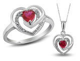 3/4 (ctw) Lab-Created Ruby Heart Ring and Pendant Set in Sterling Silver