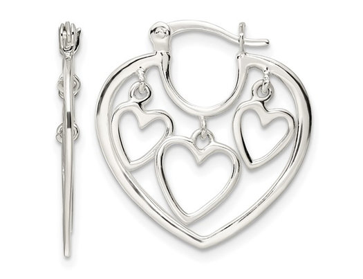 Sterling Silver 3-Heart Hoop Earrings 1 Inch (1.0 mm)