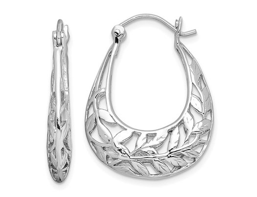 Sterling Silver Polished Leaves Hinged Hoop Earrings