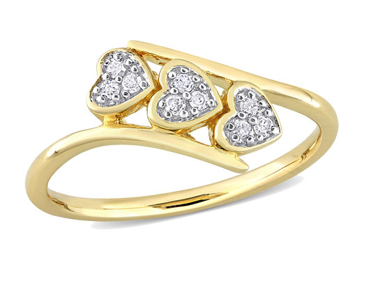 1/10 Carat (ctw) Diamond Triple Heart Bypass Promise Ring in Yellow Plated Silver