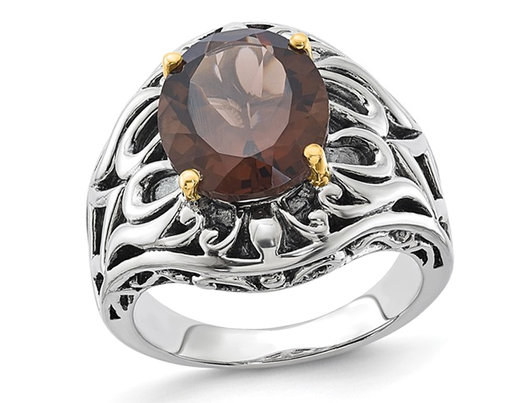 4.40 Carat (ctw) Smoky Quartz Ring in Sterling Silver with 14K Gold Accent