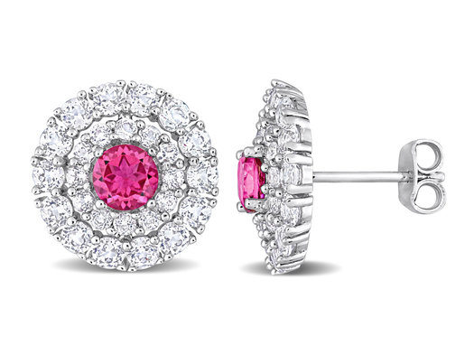 4.33 Carat (ctw) Pink Topaz and White Topaz Halo Earrings in Sterling Silver