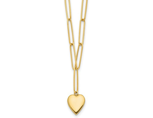 14K Yellow Gold Heart Charm Paperclip Link Necklace with Chain