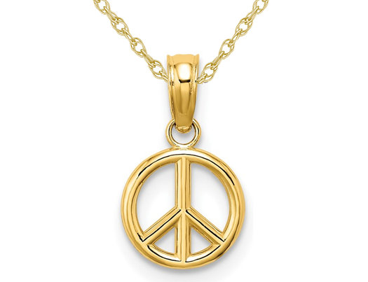 14K Yellow Gold Peace Sign Charm Pendant Necklace with Chain