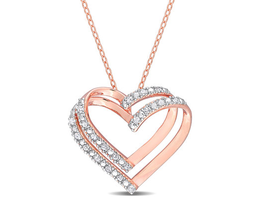 1/5 carat (ctw) Diamond Heart Pendant Necklace in Pink Plated Sterling Silver with Chain
