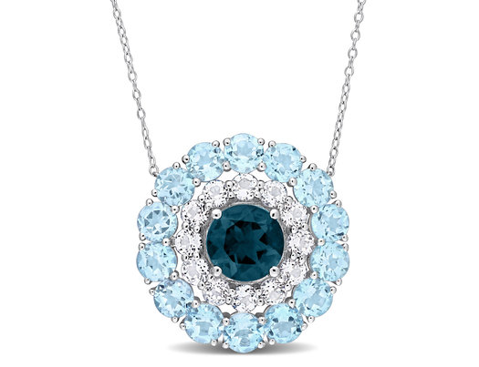 14.50 Carat (ctw) London Blue Topaz and White Topaz Halo Pendant Necklace in Sterling Silver with Chain