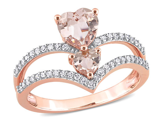 7/8 Carat (ctw) Morganite Double Heart Ring in 10K Rose Pink Gold with Diamonds