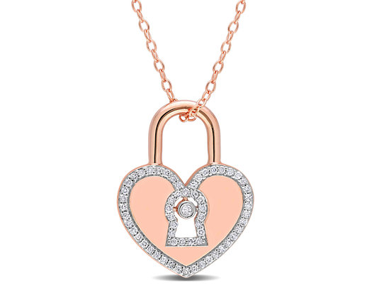 1/5 Carat (ctw) Diamond Heart Lock Pendant Necklace in Pink Plated Sterling Silver with Chain