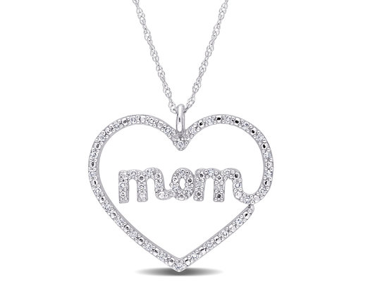 1/5 Carat (ctw) Diamond Heart MOM Pendant Necklace in 10K White Gold r with Chain