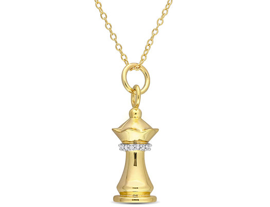 Queen Chess Charm Pendant Necklace in Yellow Plated Silver with Diamond Accent