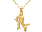 14K Yellow Gold Hockey Player with Stick & Puck Charm Pendant Necklace with Chain