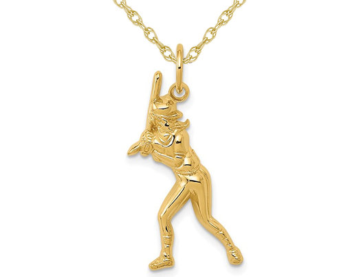 14K Yellow Gold Baseball Player Charm Pendant Necklace with Chain