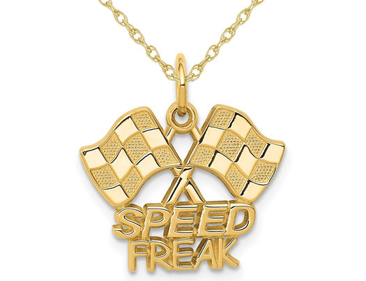 14K Yellow Gold Racing Flags Speed Freak Charm Pendant Necklace with Chain