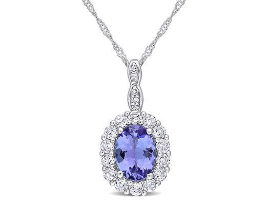 1.80 Carat (ctw) Tanzanite and White Topaz Halo Pendant Necklace in 14K White Gold with Chain