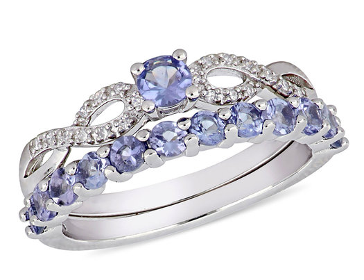 1.00 Carat (ctw) Tanzanite Engagement Ring & Wedding Band Set in Sterling Silver