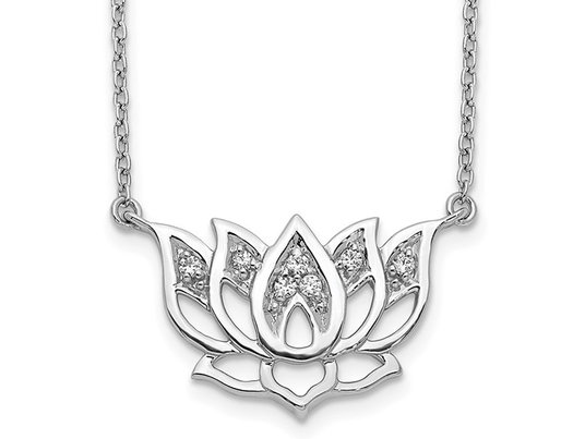 14K White Gold Lotus Flower Charm Pendant Necklace with Lab-Grown Diamonds and Chain