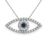 1/12 Carat (ctw) Blue Sapphire and 1/6 carat (ctw) Diamonds Eye Charm Pendant Necklace in 14K White Gold with Chain