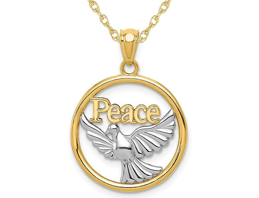 14K Yellow and White Gold Peace Dove Circle Charm Pendant Necklace with Chain