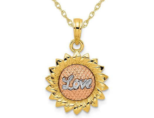 14K Yellow, White and Pink Gold LOVE Flower Charm Pendant Necklace with Chain