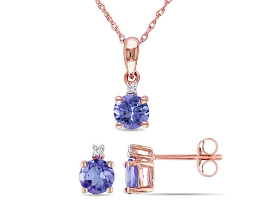 1.60 Carat (ctw) Solitaire Tanzanite Pendant and Earrings Set in 10K Rose Pink Gold with Accent Diamonds