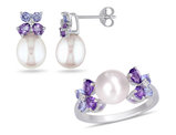 Cultured Freshwater Pearl (8mm) , Tanzanite And Amethyst Earrings and Ring Set in Sterling Silver