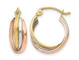 10K Yellow, Rose and White Gold Twisted Hinged Hoop Earrings (3.00 mm Thick)