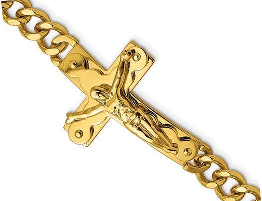 Mens Stainless Steel Yellow Plated Cross Bracelet (8.25 Inches)