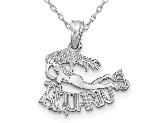 14K White Gold Aquarius Charm Astrology Zodiac Pendant Necklace with Chain