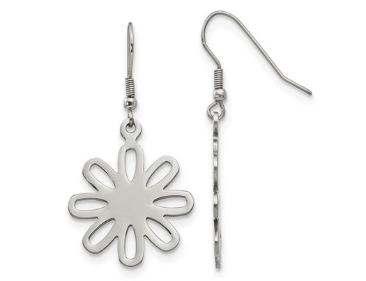 Stainless Steel Large Polished Flower Dangle Earrings