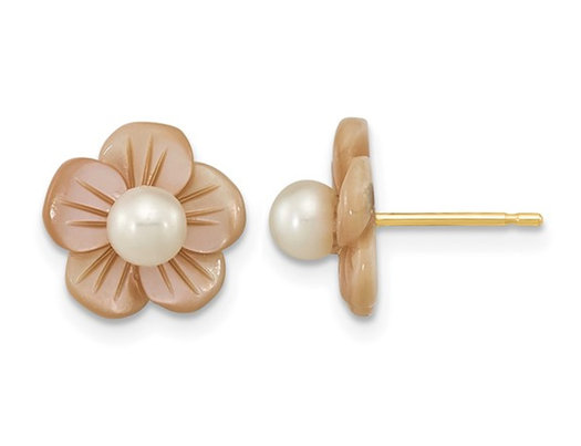 Freshwater cultured Pearl and Mother of Pearl Flower Earrings in 14K Yellow Gold