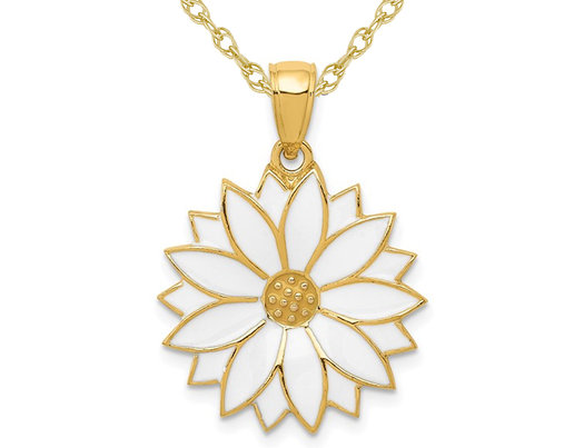14K Yellow Gold White Enameled Daisy Flower Charm Pendant Necklace with Chain
