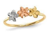 14K Yellow, White and Pink Gold Three Flower Ring