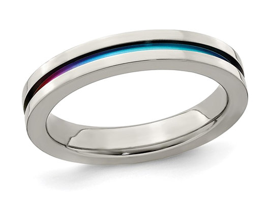 Ladies or Mens Titanium Rainbow Anodized Grooved Center Band Ring (4mm)