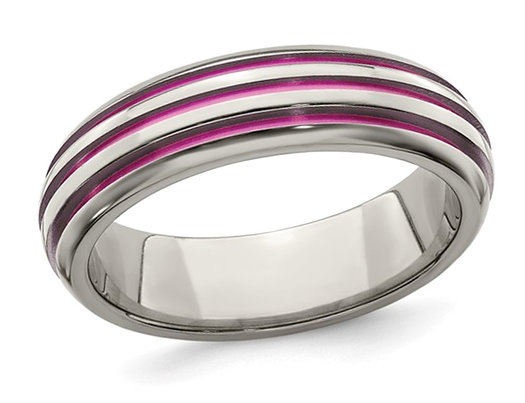 Ladies or Mens Titanium Pink Anodized Triple Grooved Band Ring (6mm)