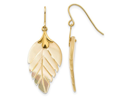 14K Yellow Gold Mother of Pearl Leaf Dangle Earrings