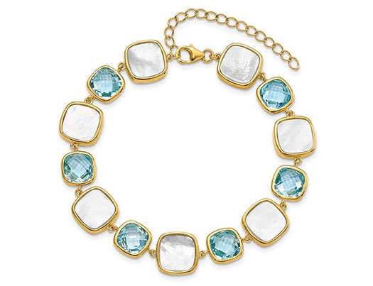 11.70 Carat (ctw) Swiss Blue Topaz and Mother of Pearl  Bracelet in Yellow Sterling Silver