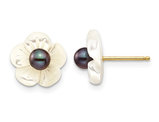 Black Freshwater Cultured Pearl 3-4mm & Mother of Pearl Flower Earrings in 14K Yellow Gold