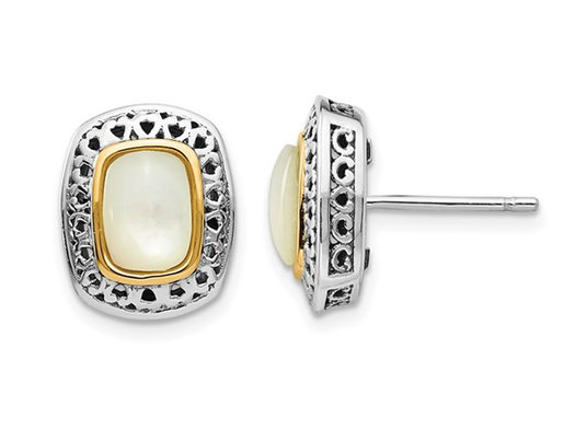 White Mother of Pearl Earrings in Sterling Silver with 14K Yellow Gold Accents