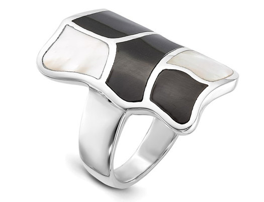 Mother of Pearl and Black Enamel Ring in Sterling Silver
