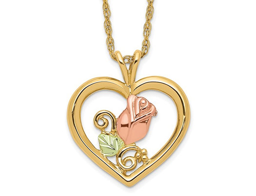 10K Yellow and Rose Gold Heart Flower Pendant Necklace with Chain